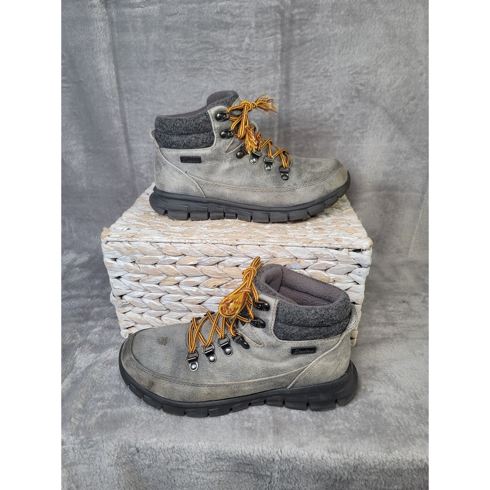 Skechers Synergy Gray Hiking Boots Gorpcore Granola Trail Faux Fur Lining 6.5